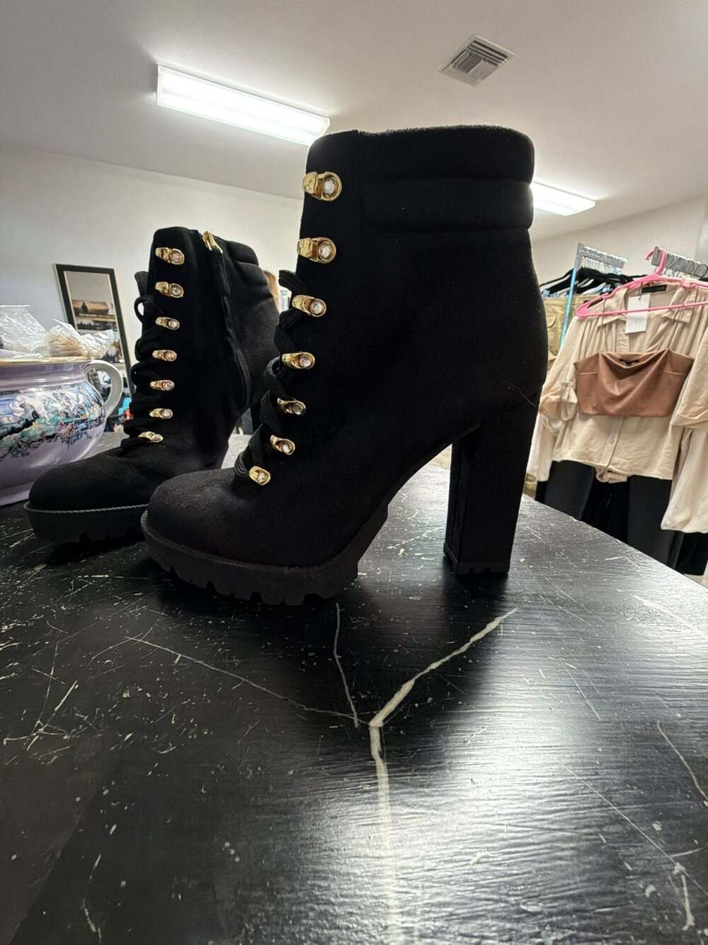 Jennifer Lopez Black Faux Suede Lace-Up Lug Sole Block Heel Ankle Boots